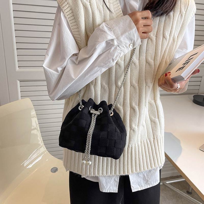 Túi đeo chéo IELGY thiết kế dây rút họa tiết kẻ sọc thời trang dành cho nữ