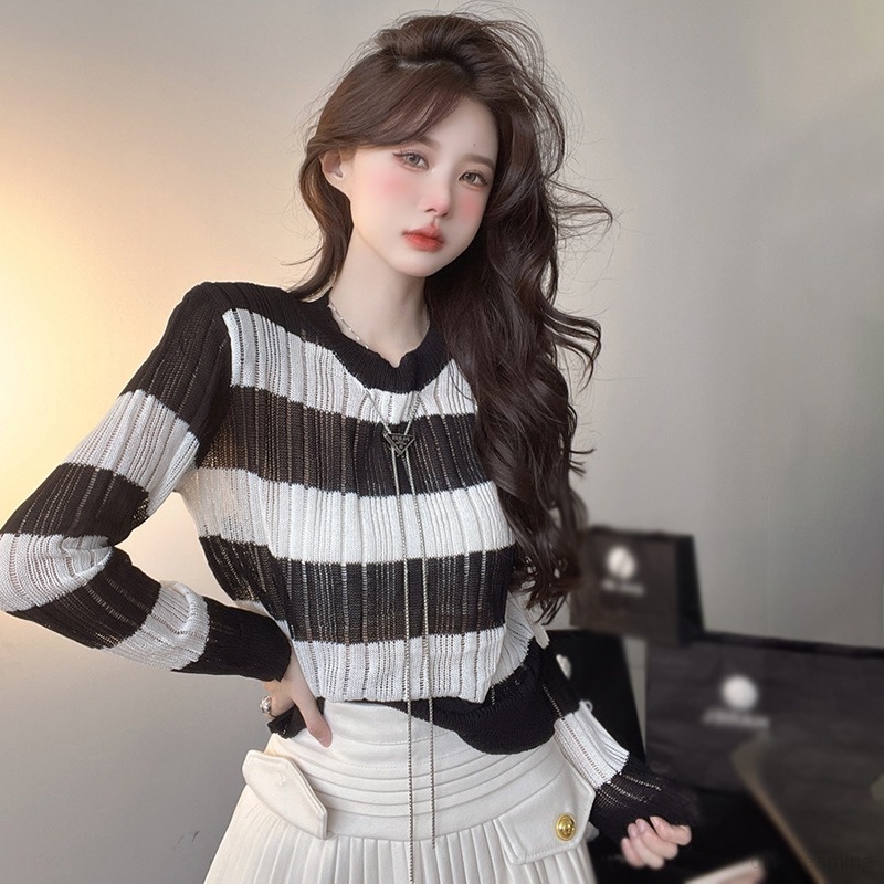 Áo Sweater Dệt Kim Mỏng Tay Dài Dáng Rộng Thiết Kế Khoét Rỗng Thời Trang Cho Nữ