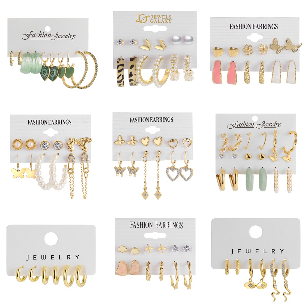 10Pcs/Set Diamond Earrings Set Metal Cloud Pearl Women Gold Earing Fashion Jewelry Accessories