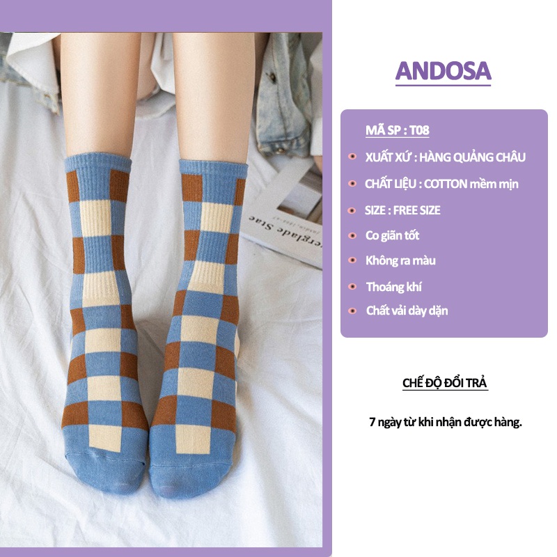 Tất vớ nam nữ cổ cao Hàn Quốc họa tiết vintage cute dễ thương cotton dày đẹp ANDOSA T08