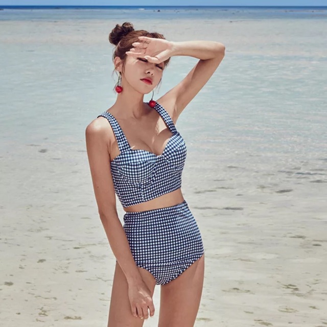 Đồ bơi 2 mảnh cạp cao họa tiết kẻ caro xanh (kèm video ảnh thật và feeback) - Kimstore_bikini