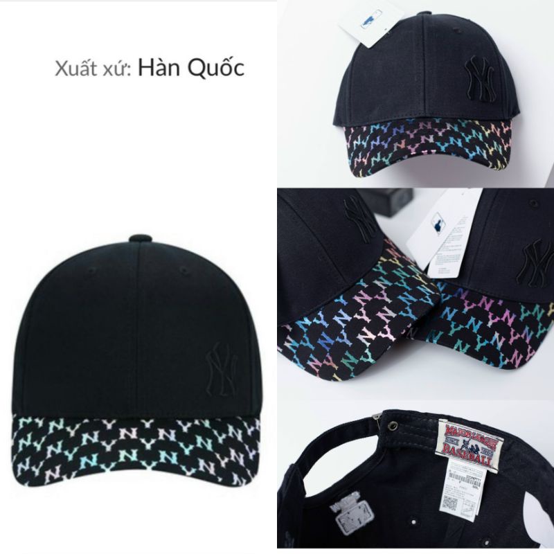 Nón lưỡi trai MLB monogram chất cotton Hàn Quốc cao cấp logo thêu nổi, nón kết màu đen