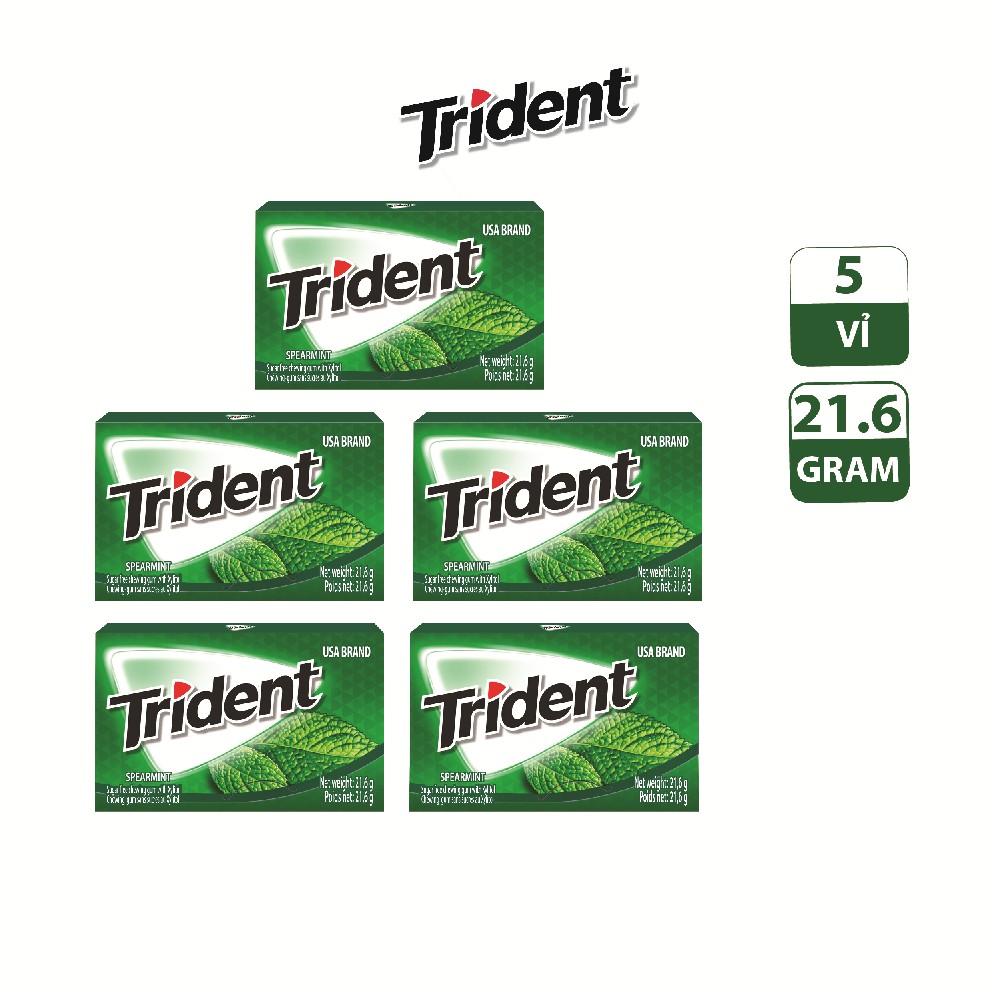 [Giảm 5K cho đơn từ 50K] Combo 5 Vỉ Kẹo Cao Su Không Đường TRIDENT Vị Bạc Hà 5x21,6g