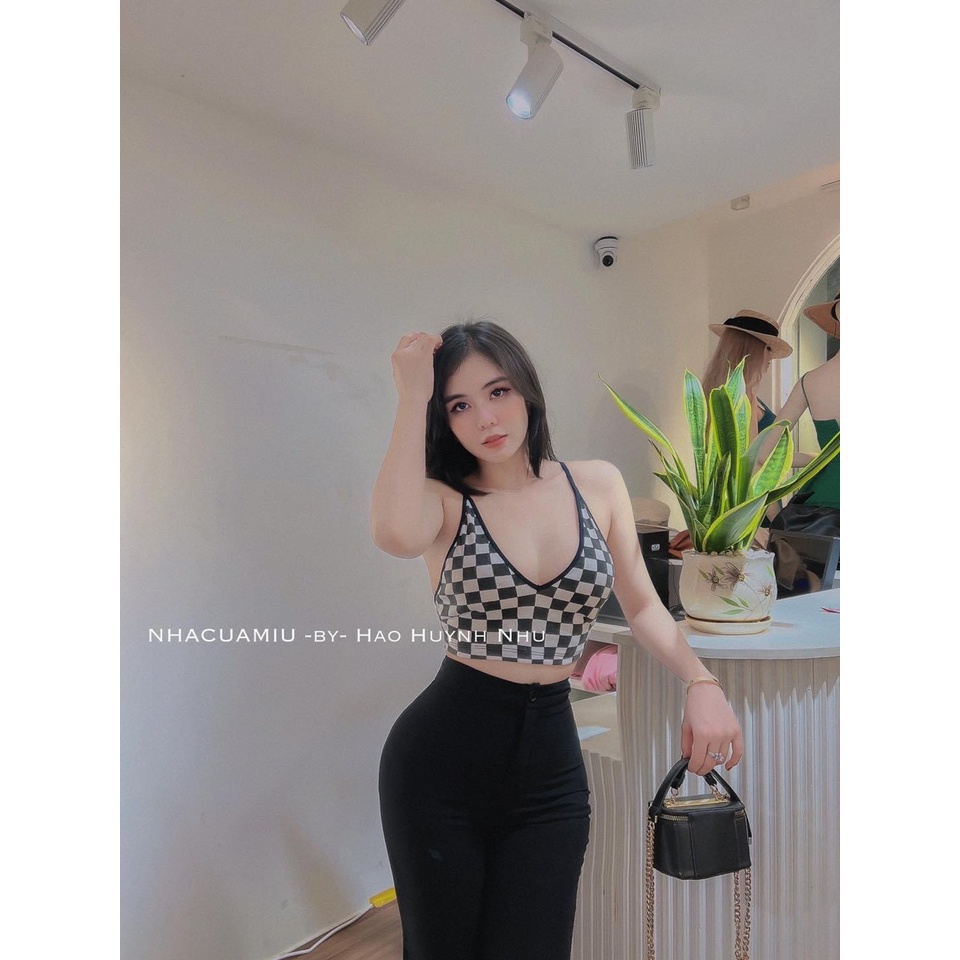 Áo kiểu 2 dây croptop phối màu caro cực xinh , chất thun gân mềm mịn