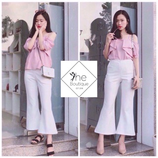Set áo hồng quần loe trắng