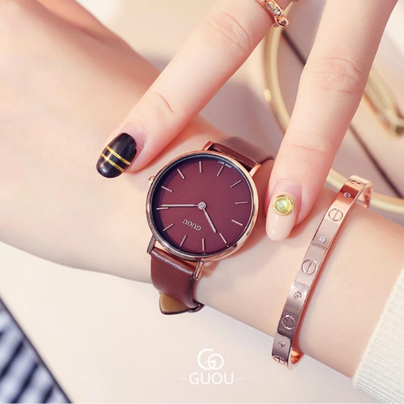 Đồng hồ đeo tay nữ chính hãng Guou dây da số vạch đẹp viền vàng đơn giản chống nước 6003