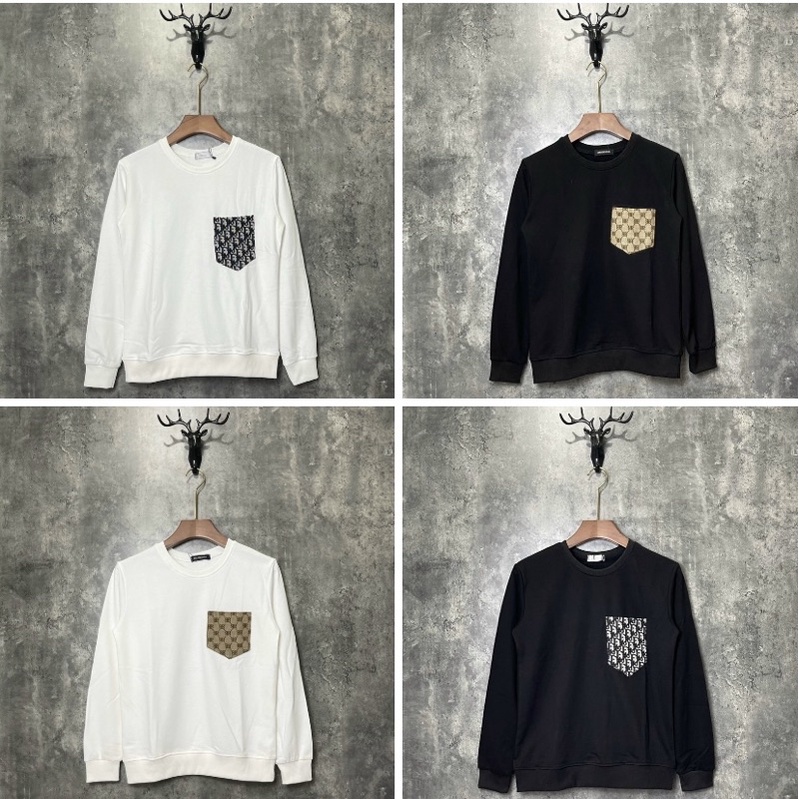 Áo nỉ dài tay hai mầu trắng đen có hoạ tiết phối túi logo dior, Áo thu đông phong cách hàn quốc btshop từ s đến xl