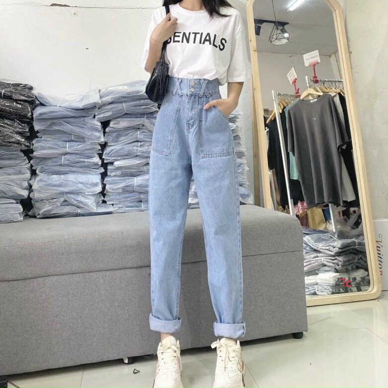 Quần jeans nữ,Quần bò baggy đai chéo túi ốp form đẹp sặn gấu màu xanh | BigBuy360 - bigbuy360.vn