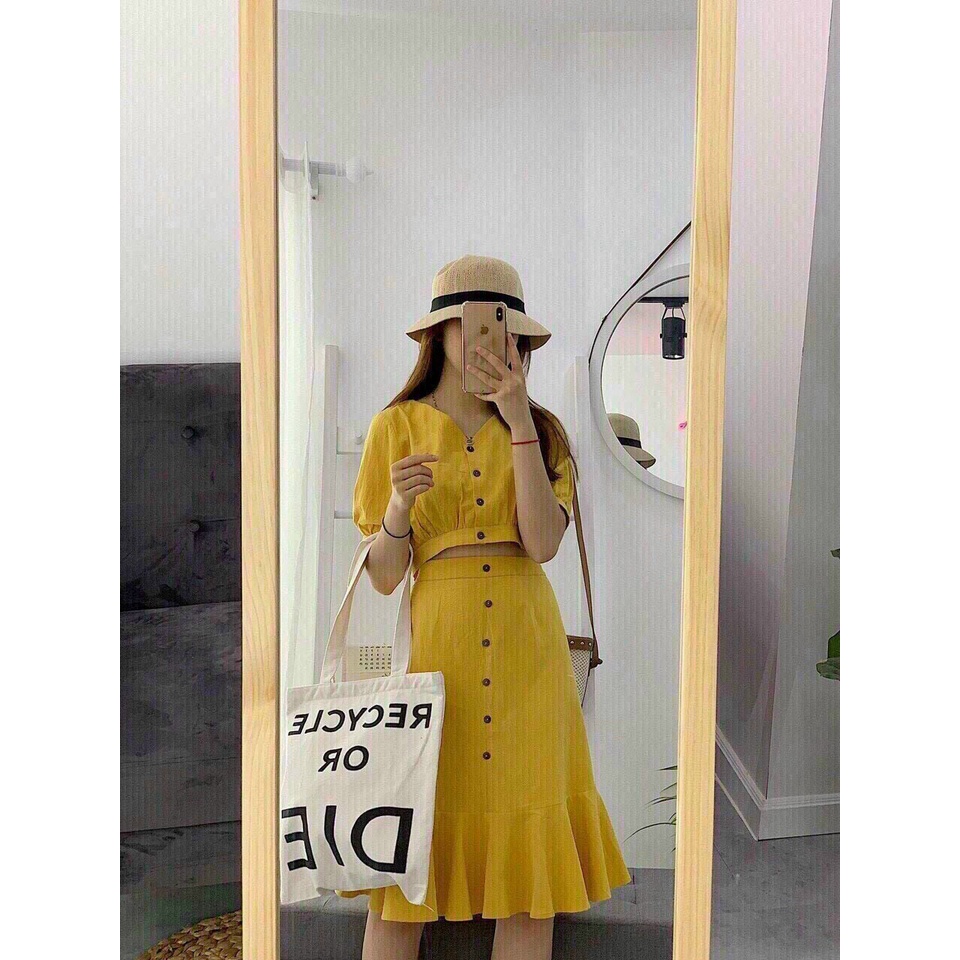 [ Miễn phí ship 2022 ] Set váy vàng nút tay búp, set chân váy đuôi cá cổ v , áo croptop trẻ trung, tiểu thư