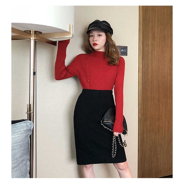 Áo len cổ cao tay dài phối nút thời trang xinh xắn cho nữ