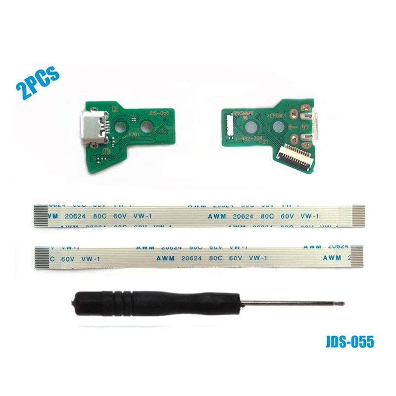 2PCs JDS  , Repair Part Micro USB Adaptor Charger Socket Board Connector Module for PlayStation DS4 Controller, Flex Cable, Tool Screwdriver