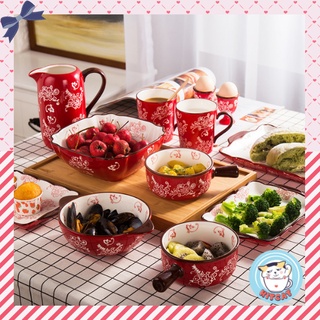 Bộ bát đĩa gốm sứ cao cấp,set bàn ăn vẽ tay thủ công họa tiết Red Flower KITCAT STORE hiện đại/truyền thống