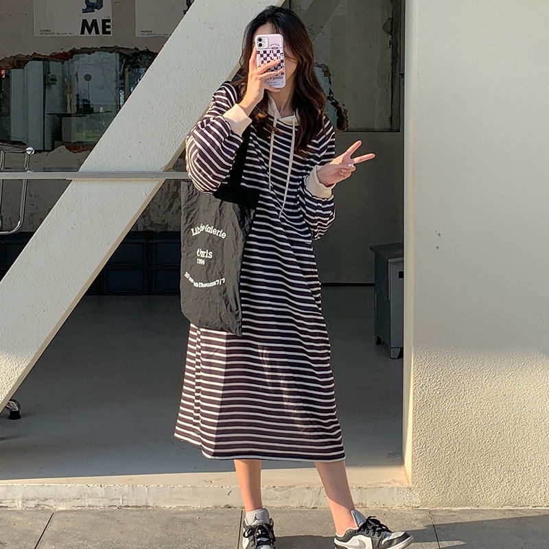 Đầm Hoodie Dài Qua Gối Họa Tiết Kẻ Sọc Phong Cách Trẻ Trung Dành Cho Nữ