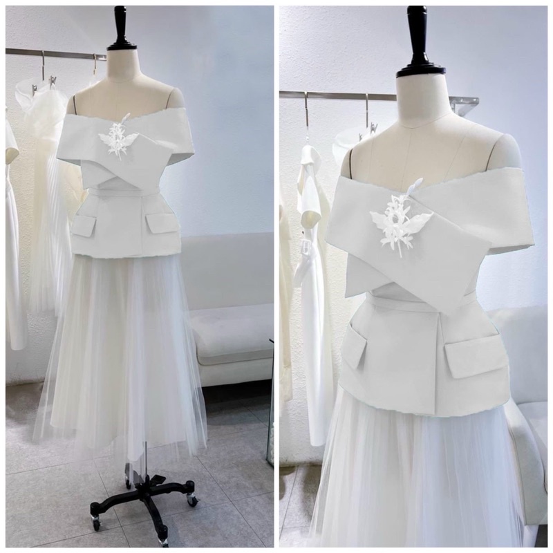 SÉT ÁO + CHÂN VÁY BẸT VAI PHỐI MÀU  ( áo, chân váy, hoa cài áo , dây nịt eo) full size S/M/L/XL