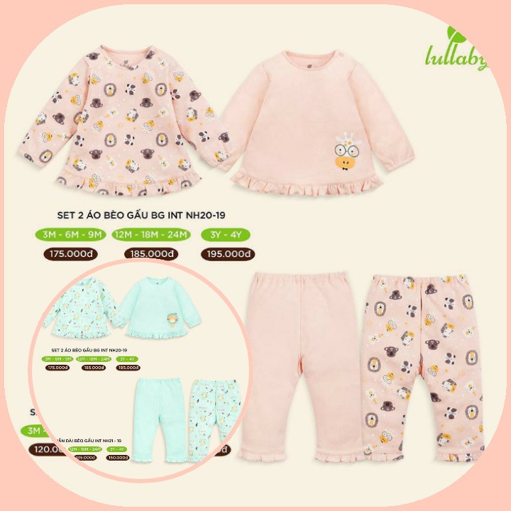 Set 2 áo/ 2 quần bèo gấu bé gái Lullaby - 2 màu xanh ngọc, hồng cam