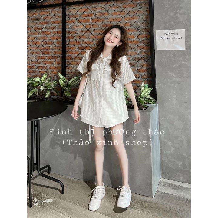 Set bộ 3 món áo sơ mi tay ngắn , quần đùi kèm áo chát vải xô , set dễ thương năng động