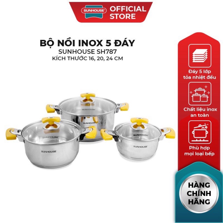 BỘ 3 NỒI INOX 5 ĐÁY SUNHOUSE SH787( 5 đáy siêu bền) -Hộp xấu