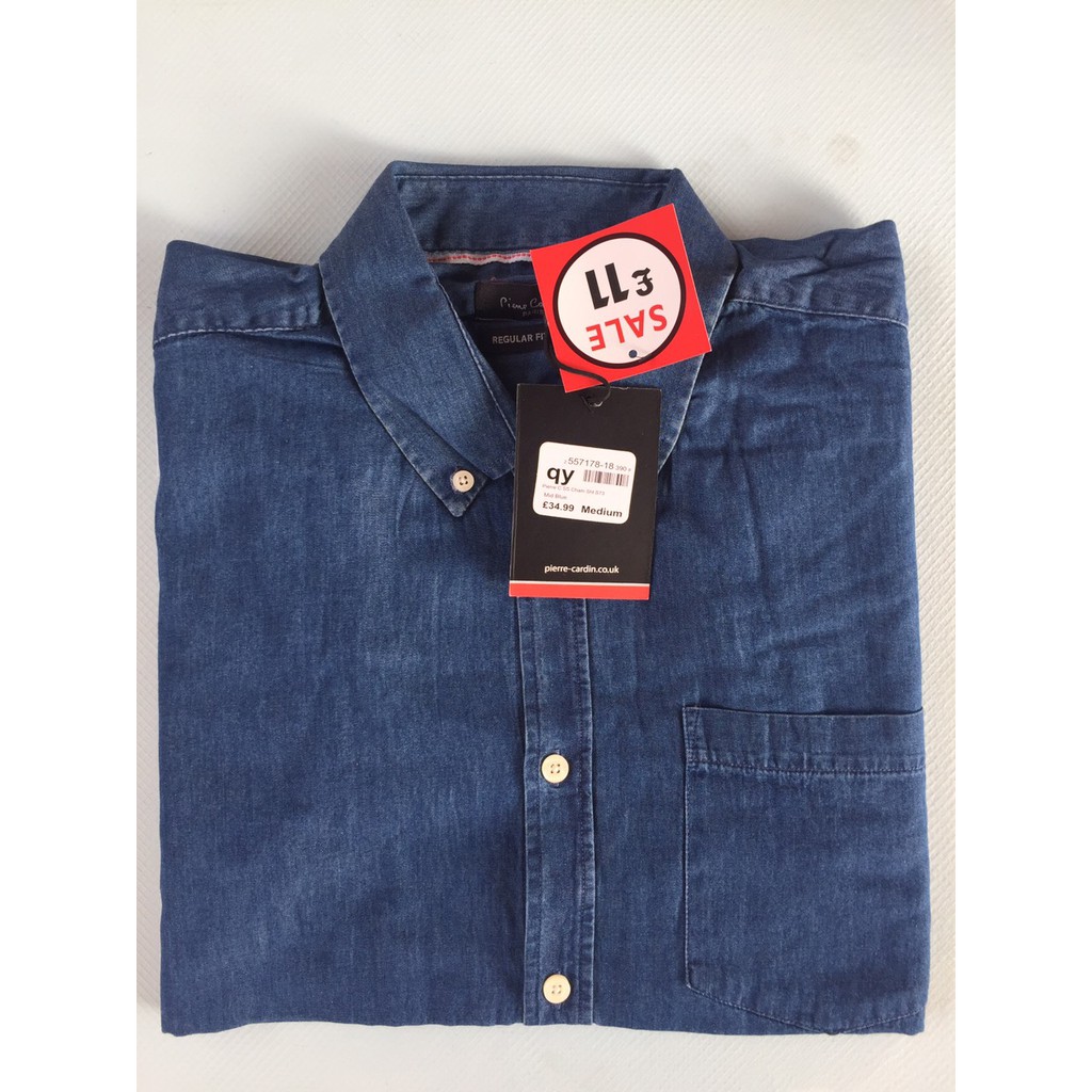 [100% Cotton] Áo Sơ Mi Nam Ngắn Tay PIERRE Cardin Short Sleeve Cham Shirt Mens (Mid Blue - Size EU - UK)