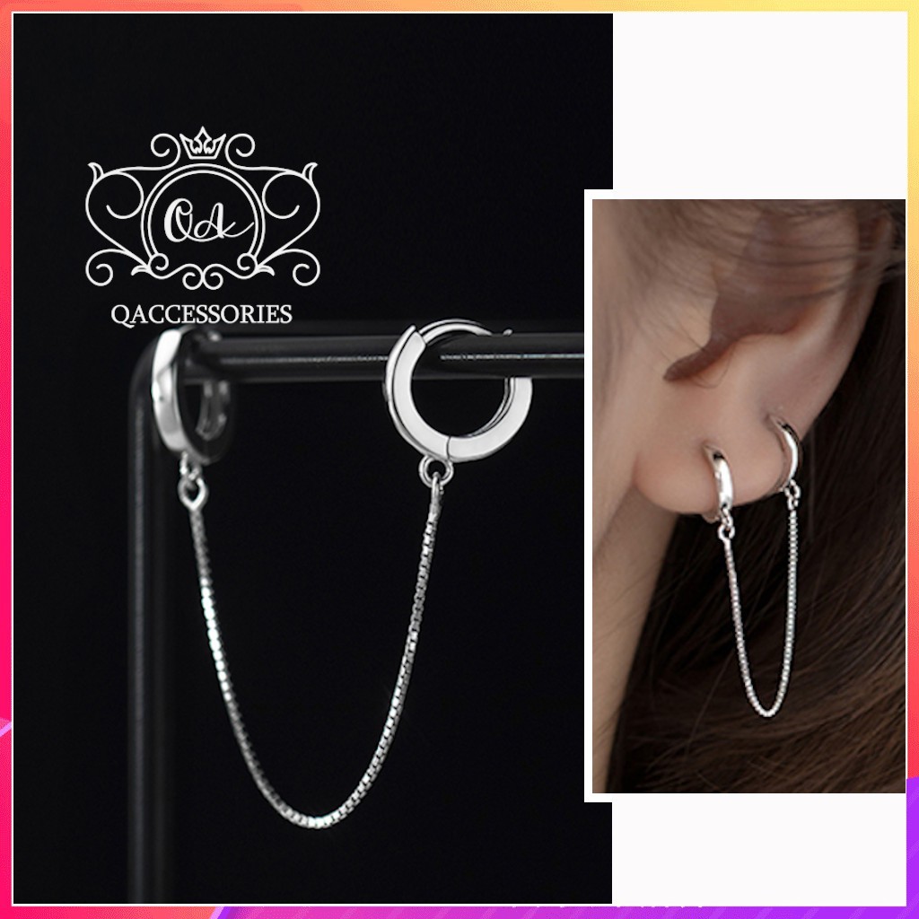 Khuyên tai bạc 2 lỗ phối xích bông tai bạc kẹp vành S925 - KHUYÊN ĐƠN - DOUBLE HOOP Silver Earrings SO00 - KÈM ẢNH THẬT