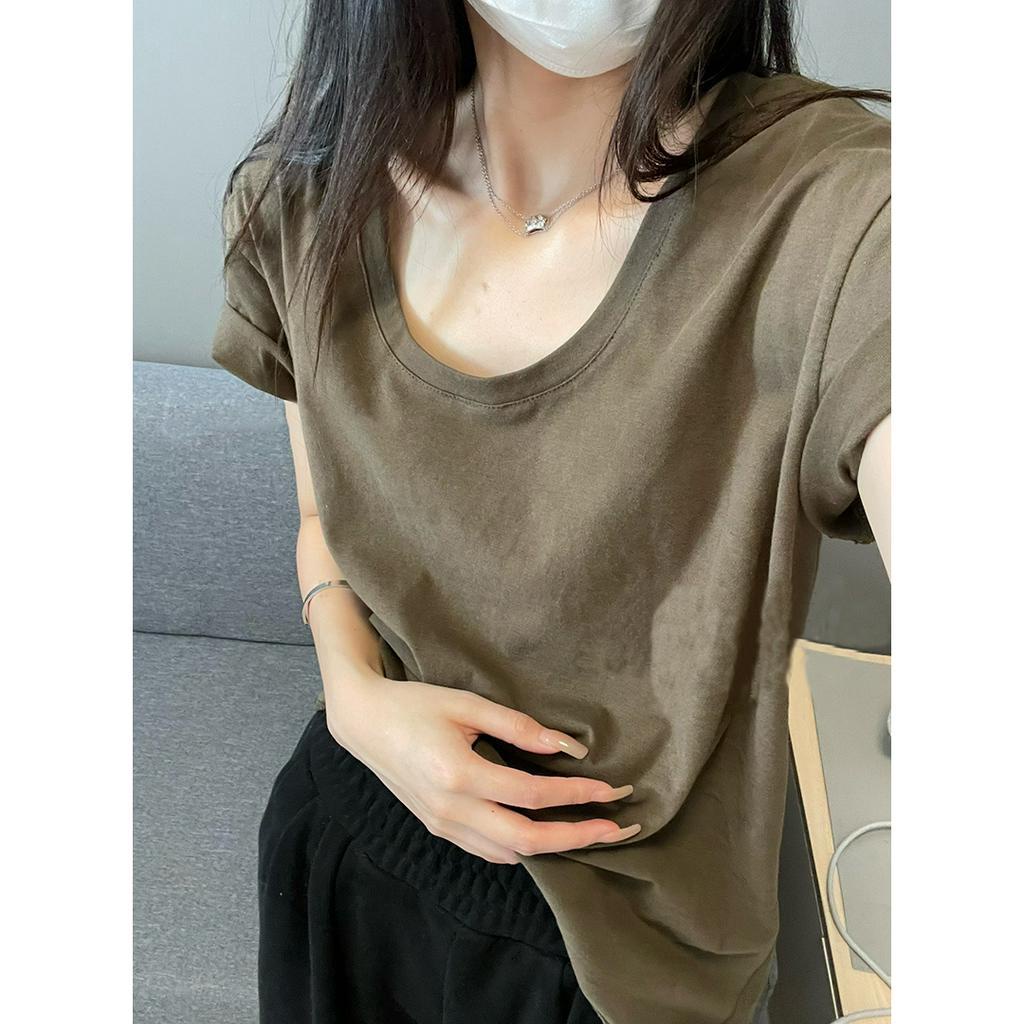 Áo Thun Ngắn Tay Cổ Tròn Màu Sắc Đơn Giản Cho Nữ