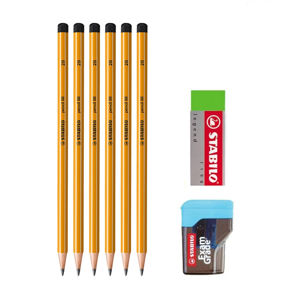 Bộ 6 cây bút chì gỗ STABILO Pencil 2B + Chuốt chì PS4538 + tẩy ER198 (PC88-C6S+)