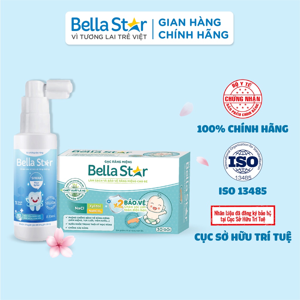 Combo Xịt Sâu Răng 30ml & Gạc Rơ Lưỡi 30 Gói BELLA STAR Làm Sạch Và Bảo Vệ Răng, Miệng Cho Bé