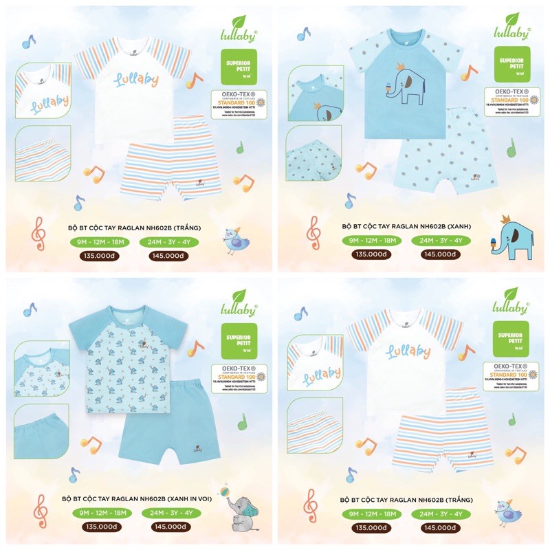 LULLABY-Bộ quần áo cộc tay Raglan bé trai 100% cotton  in hình ngộ nghĩnh