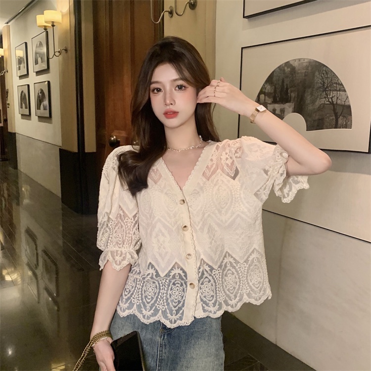 Áo sơ mi SUXI tay ngắn phồng dáng rộng phối ren màu sắc đơn giản thời trang mùa hè dành cho nữ