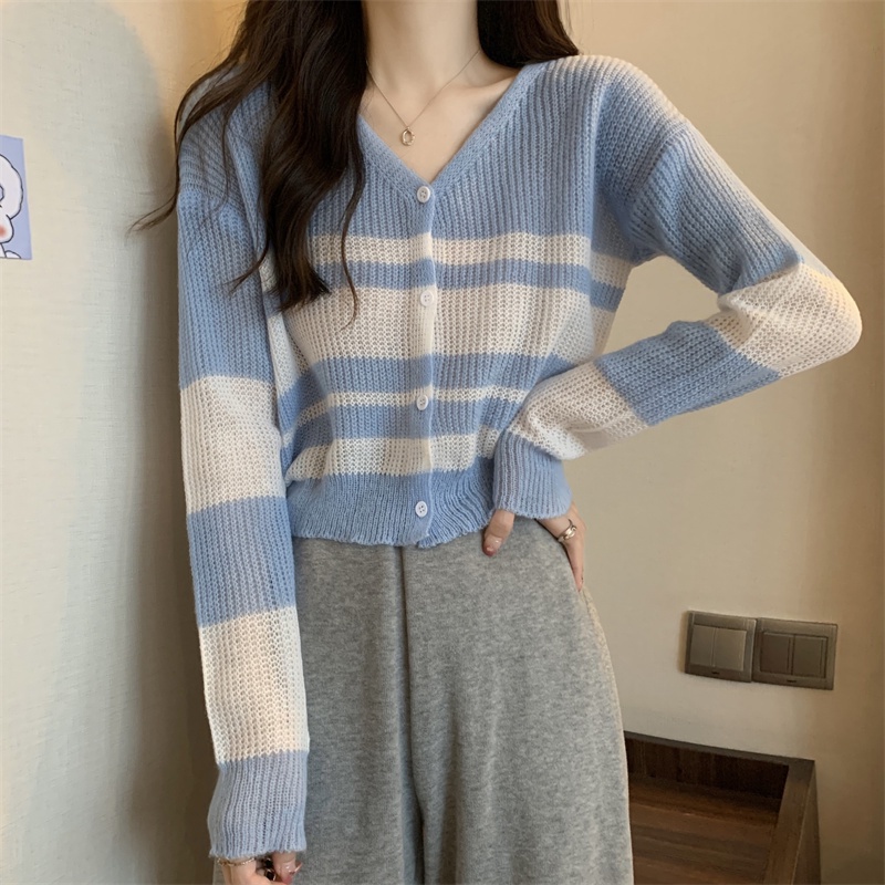 Áo cardigan SUXI dệt kim mỏng tay dài cổ chữ V dáng rộng họa tiết kẻ sọc phong cách cổ điển Hàn Quốc cho nữ