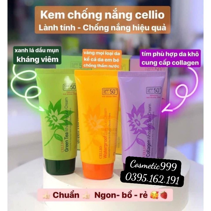 ( auth 100%)XẢ HẾT KHO Kem Chống Nắng Cellio Collagen Whitening Sun Cream SPF50+ PA+++ -cosmetic999