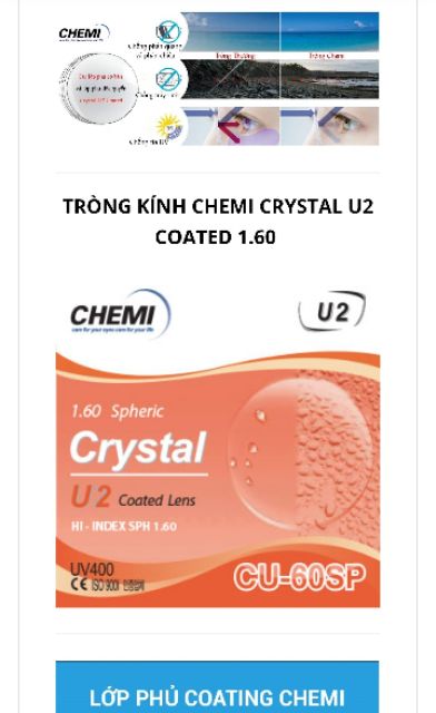 Tròng kính CHEMI Crystal U2 Coated chiết xuất 1.60