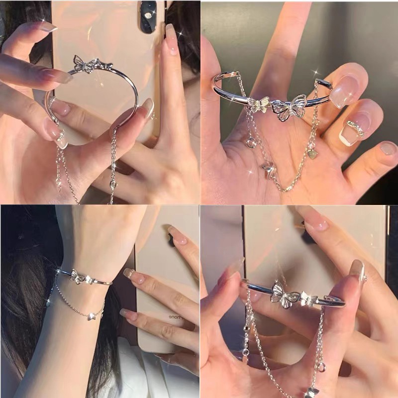 Vòng Đeo Tay Dạng Mở Phối Dây Xích Đôi Họa Tiết Bướm Phong Cách Cổ Điển Thời Trang