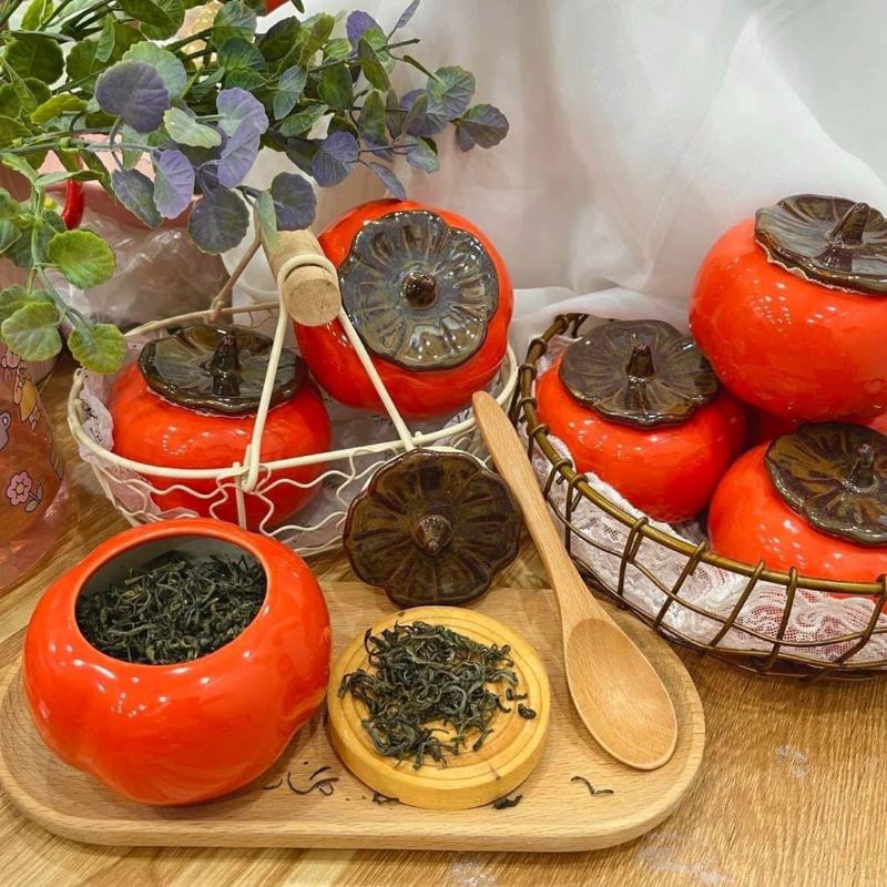 Hũ Đựng Trà Bánh Kẹo Mứt Tết Bằng Gốm Sứ Hình Quả Hồng