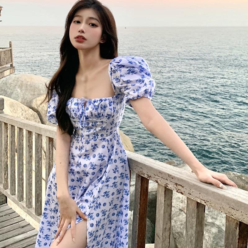 Đầm hoa tay phồng dáng dài xẻ tà thời trang mùa hè dành cho nữ