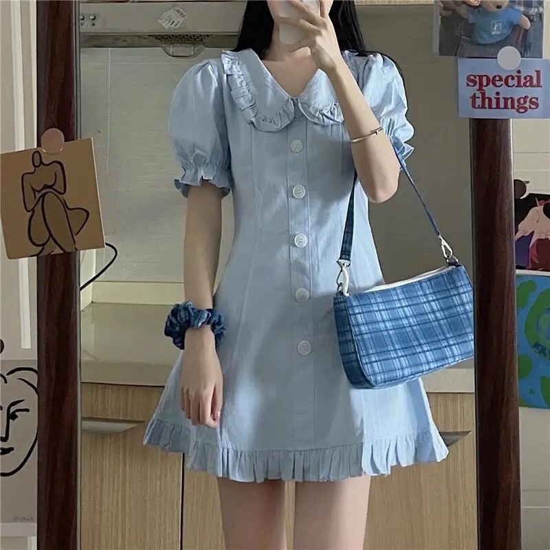 Váy Sơ Mi Cổ Bèo Xanh Dương Ulzzang Thời Trang Nữ 2021 V03