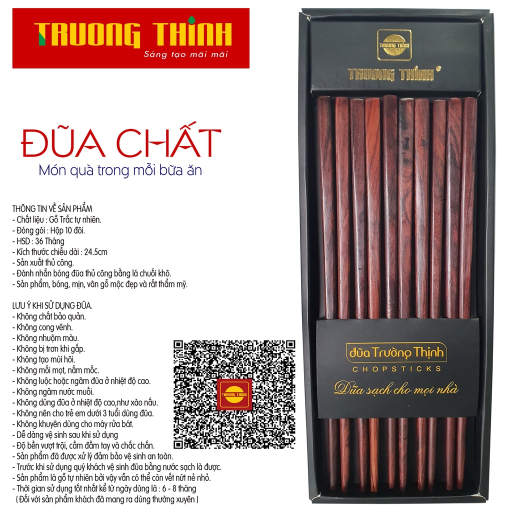 Đũa Gỗ Trắc Vân Cao Cấp Loại Đặc Biệt - Hộp Màu Đen - 10 Đôi Vuông Trơn
