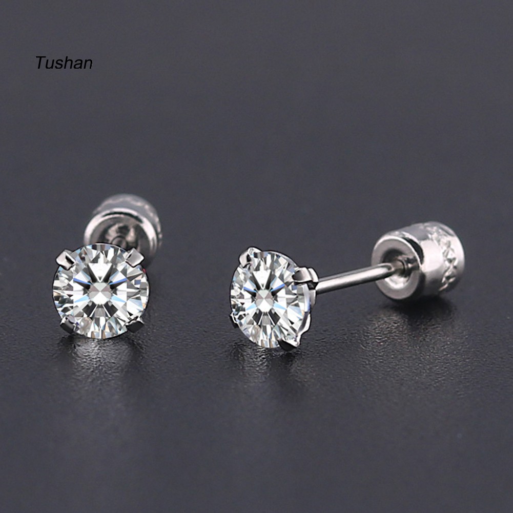 TUSH Fashion Unisex Round Cubic Zirconia Titanium Steel Stud Earrings Jewelry Gift