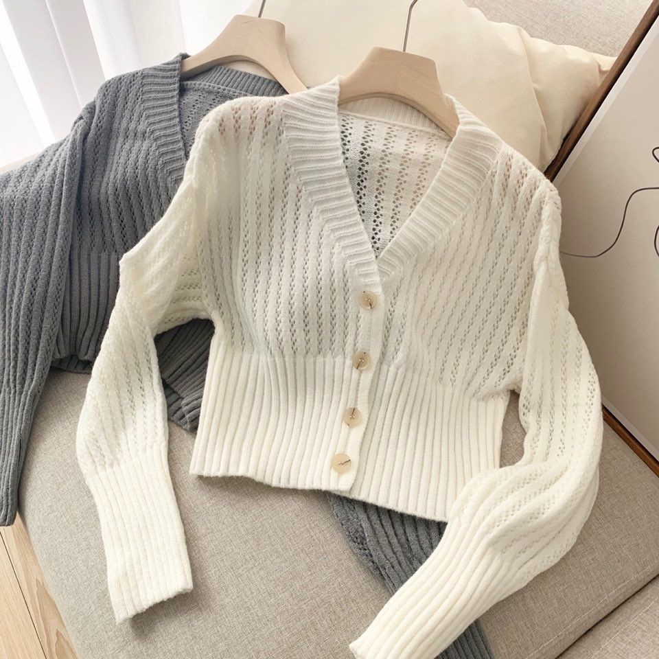 Knitted Jacket Fashion Thick Needle Casual All Spring and Autumn Hollow Hole Hollow Cardigan Women's Knitwear Sexy Short Tops