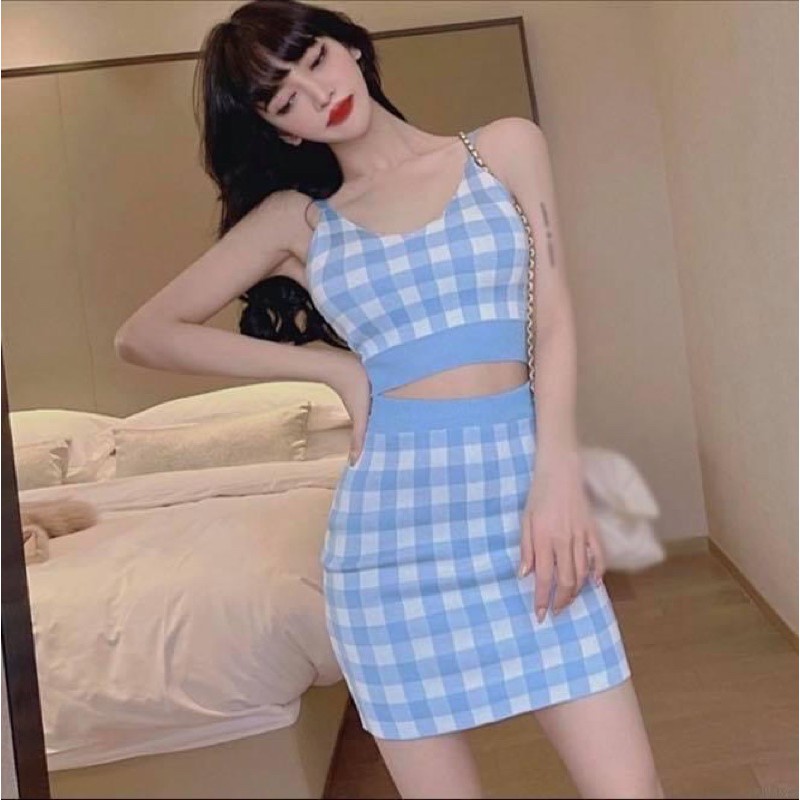 Set bộ áo hai dây ôm caro croptop kèm chân váy body sọc caro ngắn - Order taobao quảng châu