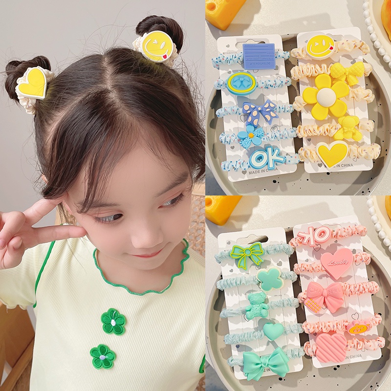 Set 5 Dây Buộc Tóc Cao Su Co Giãn Màu Sắc Trơn Phong Cách Hàn Quốc Dành Cho Trẻ Em
