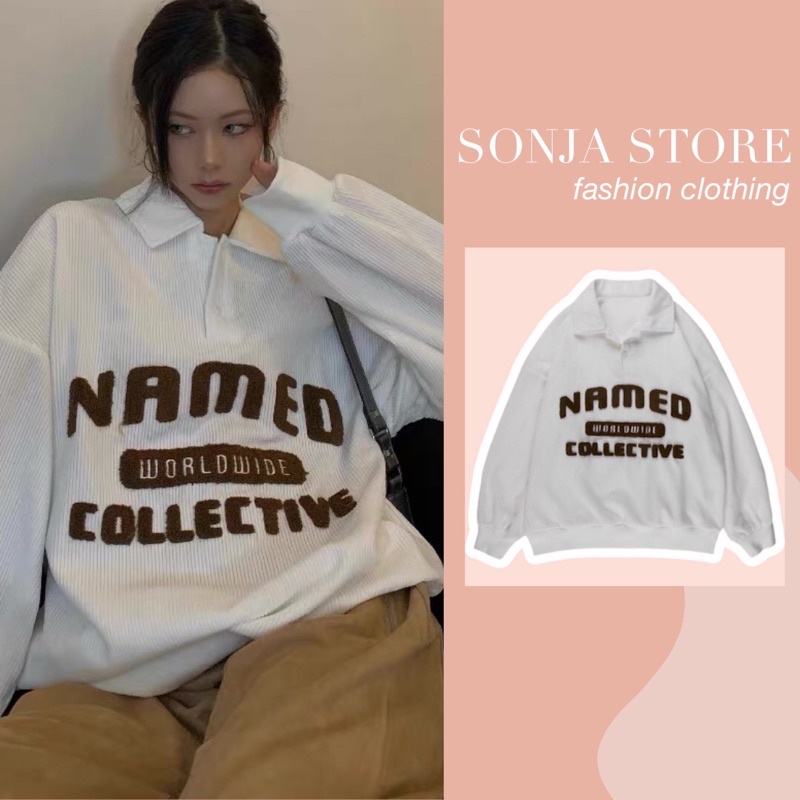 Áo POLO SWEATER CÓ CỔ form rộng chất tăm thêu nổi “NAMED” tay dài SONJA STORE