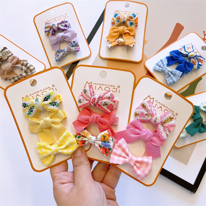 Kẹp Tóc Nơ Vải Sọc Caro Thêu Hoa Dễ Thương Phong Cách Hàn Quốc Cho Bé Gái