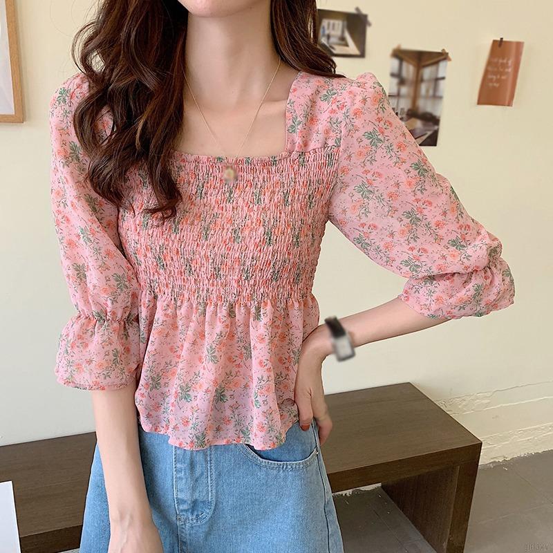 Áo Kiểu Chiffon Tay Ngắn Cổ Vuông Họa Tiết Hoa Phong Cách Cổ Điển Hàn Quốc
