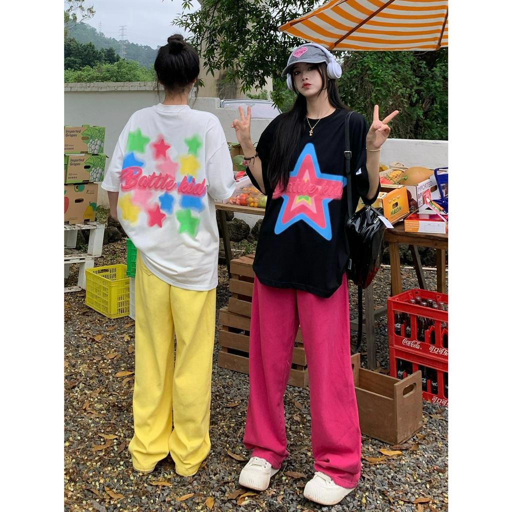 「 WELOVE1 」Áo Thun cotton Tay Ngắn Dáng Rộng In Họa Tiết Thời Trang Mùa Hè