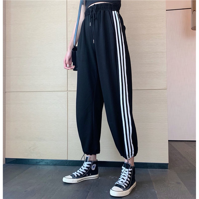 SUXI Quần dài form rộng lưng cao họa tiết kẻ sọc phong cách Hàn Quốc