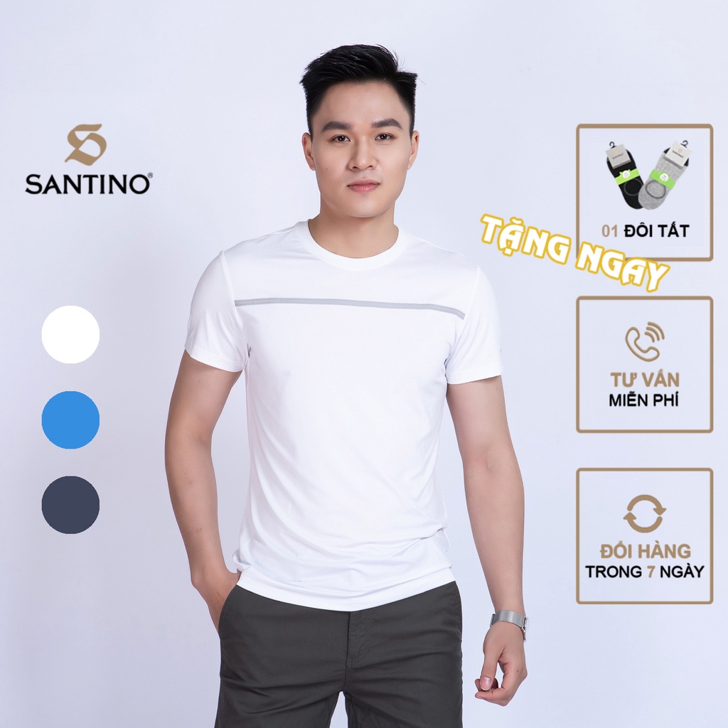 Áo thun ngắn tay nam không cổ form ôm SANTINO phối kẻ ngực co giãn 4 chiều, chống nhăn, thích hợp giặt máy - B718