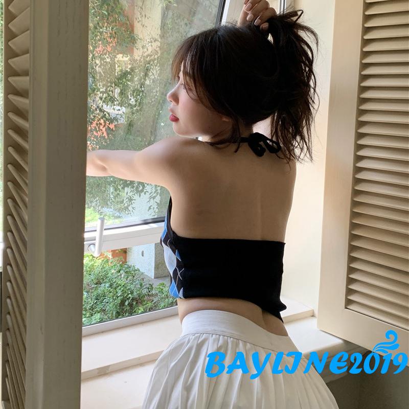 BAY-Áo dệt kim sát nách cổ chữ U họa tiết hình thoi màu xanh dương/tím thời trang mùa hè cho nữ