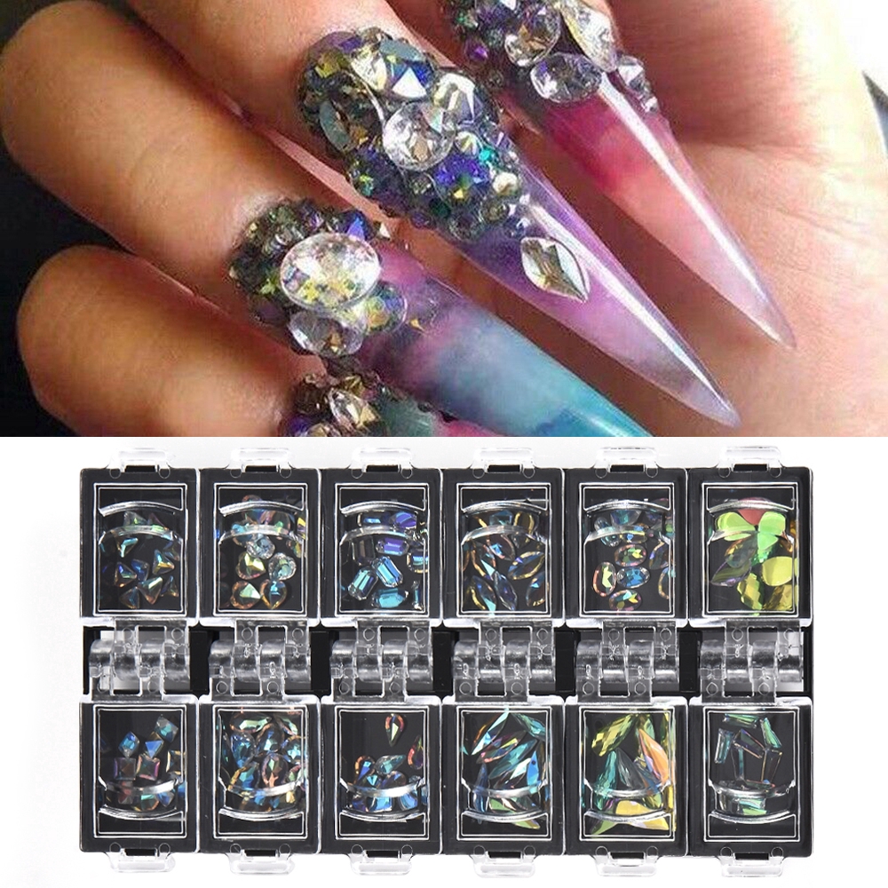 Set 12 hộp đá quý nhân tạo lấp lánh trang trí móng nghệ thuật 3D