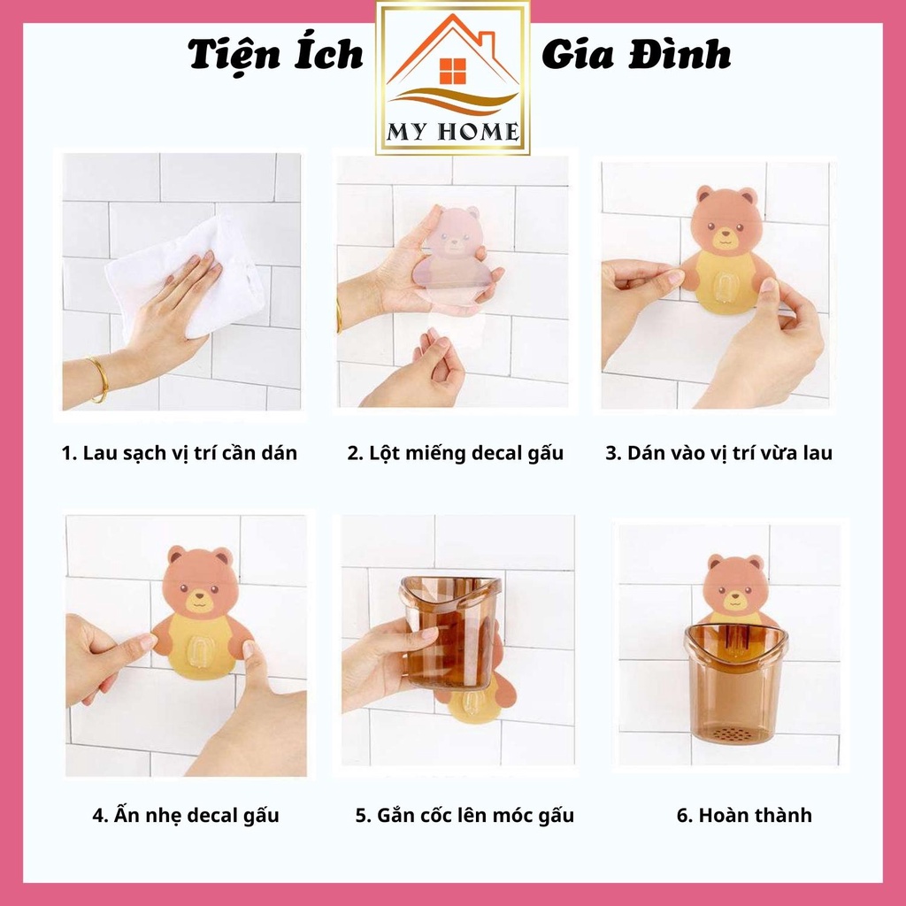 Cốc gấu dán tường cute, khay gấu dán tường đựng bàn chải đánh răng