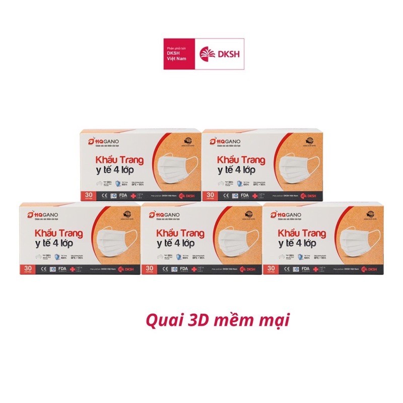 Combo 5 Hộp khẩu trang y tế quai 3D mới 4 lớp HQGANO  kháng khuẩn, đạt chuẩn xuất khẩu, không mùi, chất liệu cực mềm mại